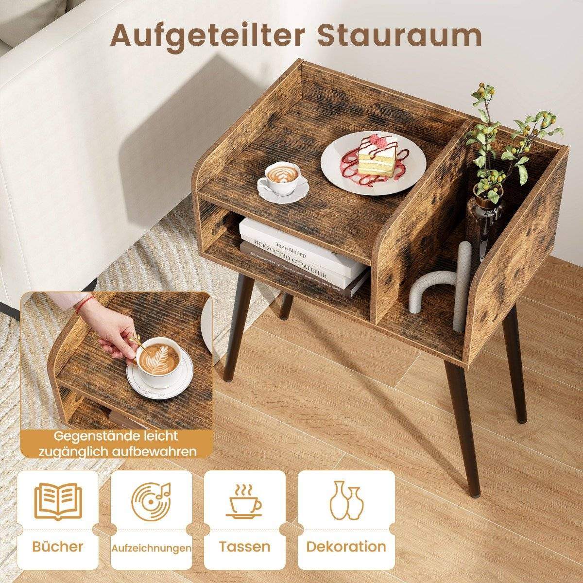 Sengebord sidebord med åbent rum sofabord med metal støtteben 50 x 32 x 58 cm rustik brun 1 stk.