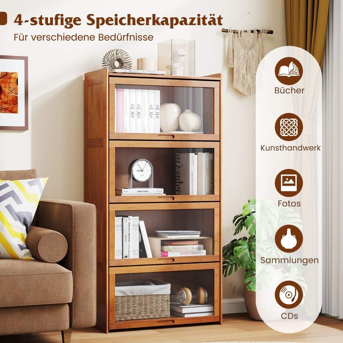 4 etagers reol med akryldøre Bambus vitrineskab 69 x 34 x 140 cm Brun