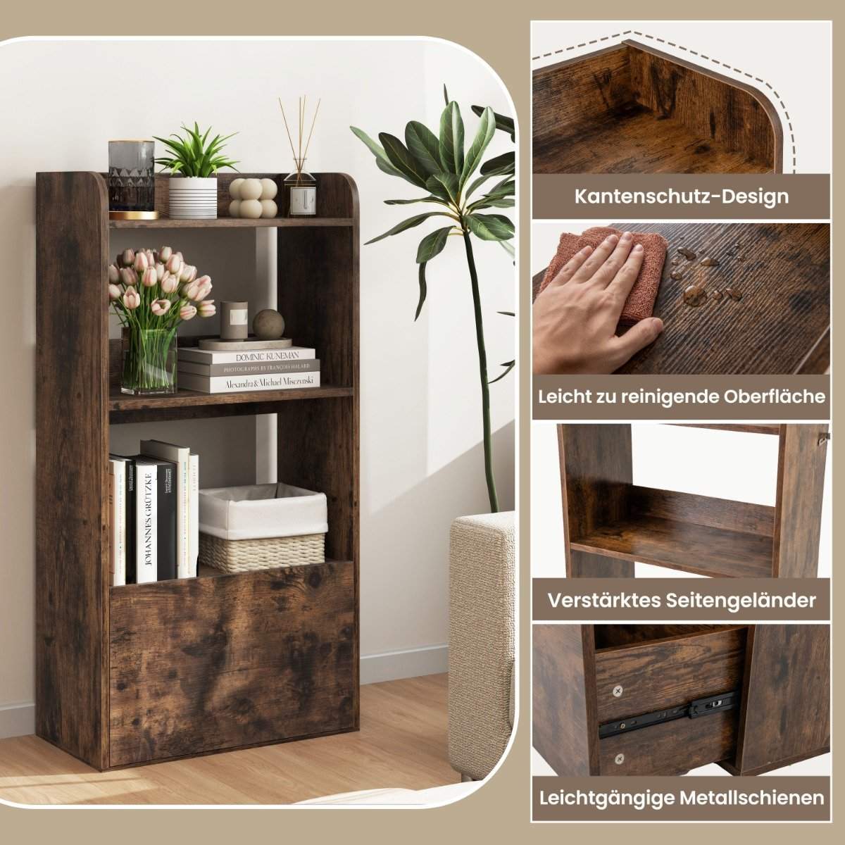 Reol med skuffe, stående hylde med 2 rum, kontorhylde i træ, 55 x 29 x 105 cm, rustik brun