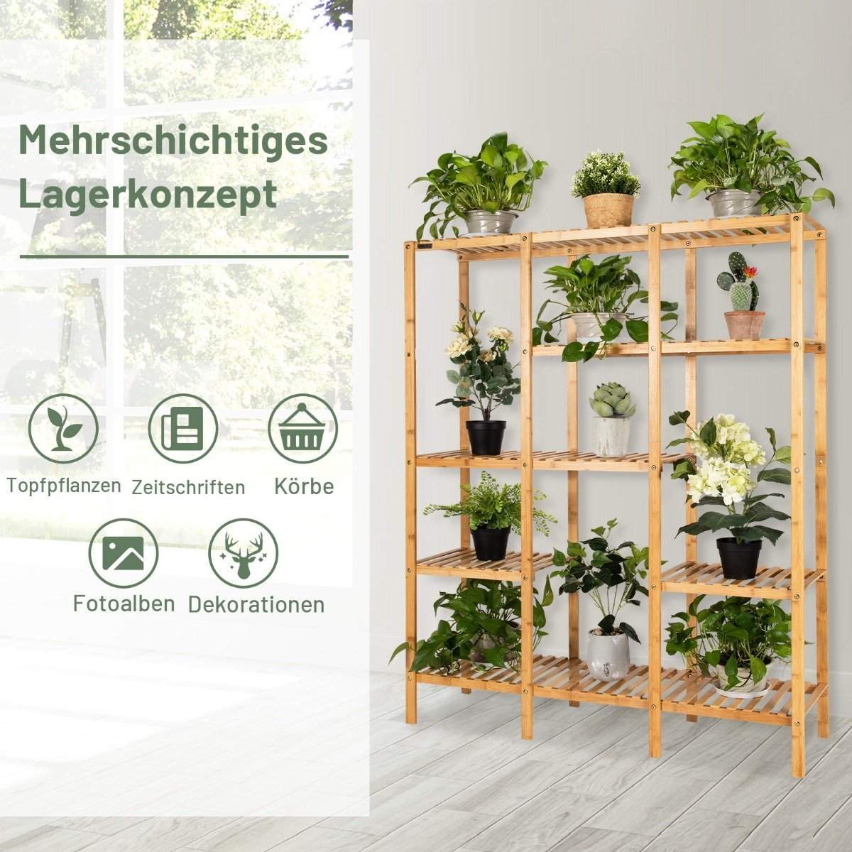 Kasvihylly bambusta seisova hylly, jossa 5 tasoa kukkaportaat kasviteline ripustuskehyksellä 114 x 31 x 141 cm luonnollinen
