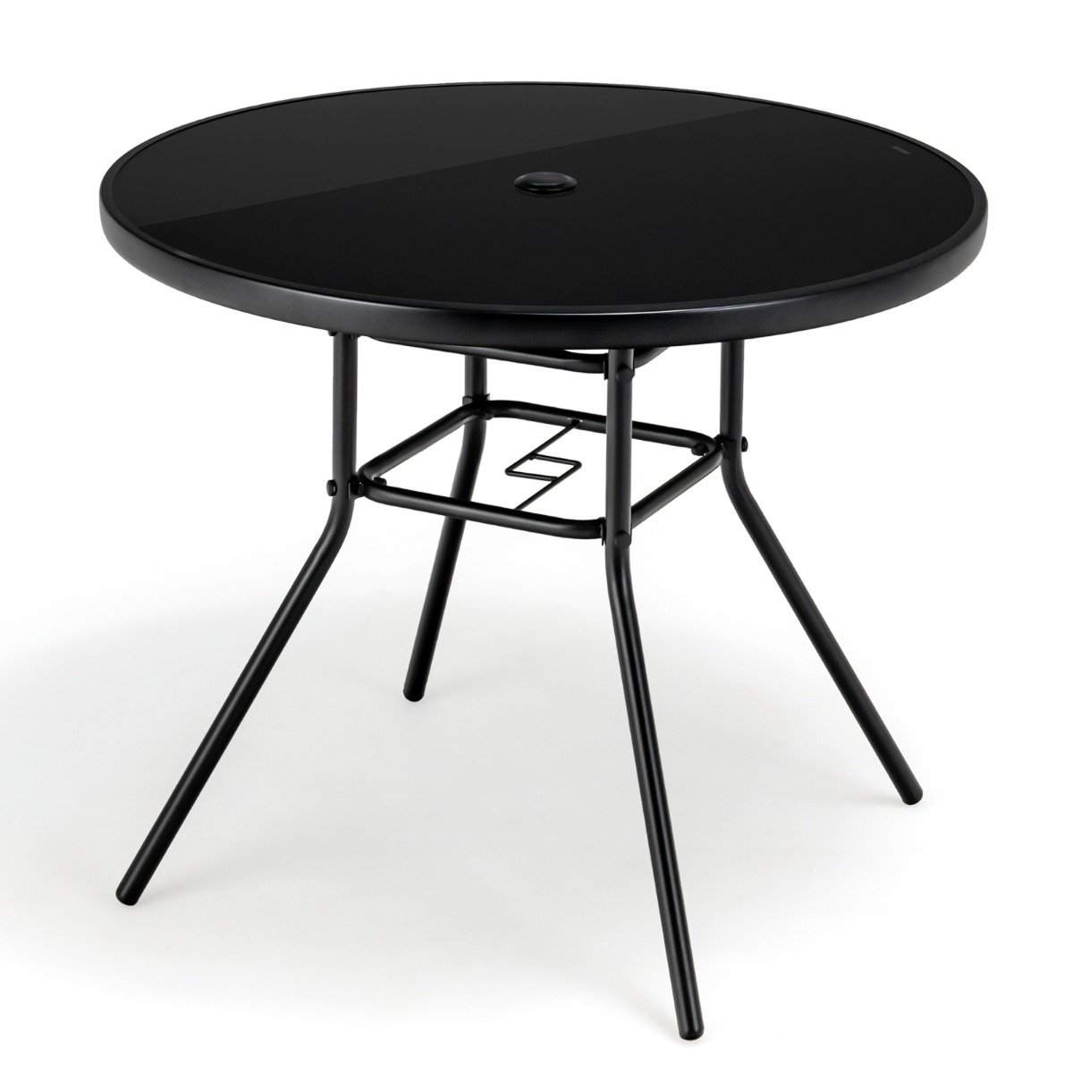 Havebord med hærdet glas bordplade terrassebord med paraplyhul 86 x 86 x 71 cm sort