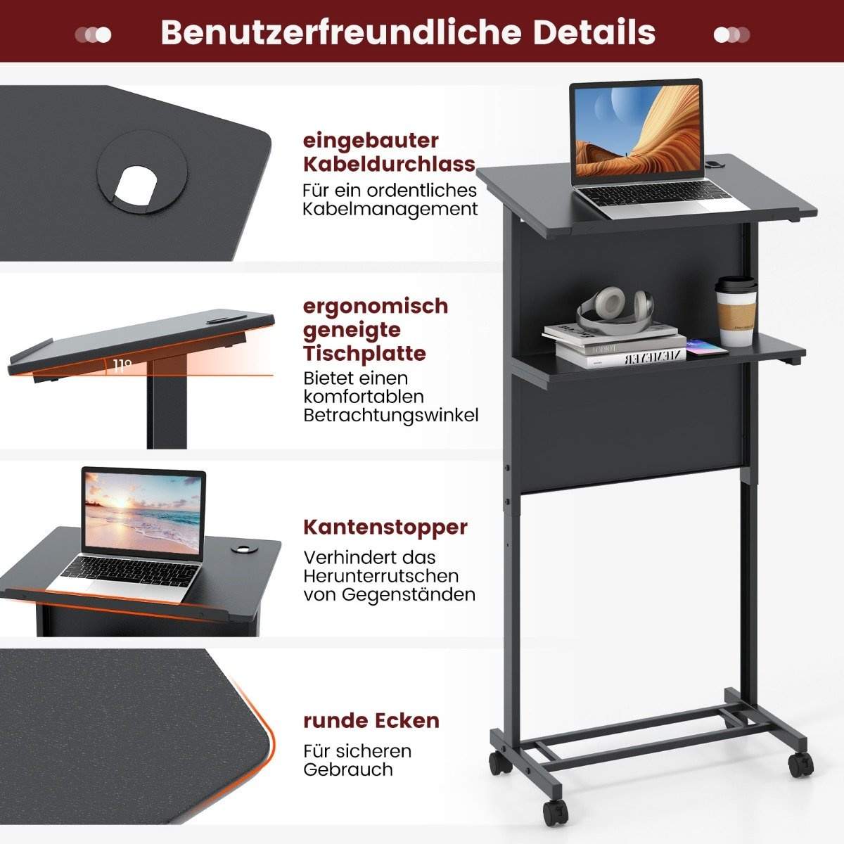 Stående skrivebord højdejusterbart stå-sit skrivebord med hjul mobilt ståbord sort