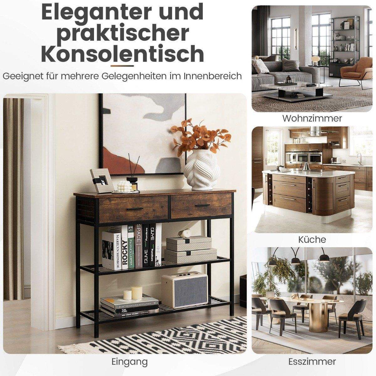 100 cm konsolbord med 2 lådor 3 våningar hallbord av trä sidobord med metallram rustik brun | Elektronik - Tillbehör Mobil & Surfplatta - Mobiltillbehör - Mobilkablar - Tillbehör | Pryloteket