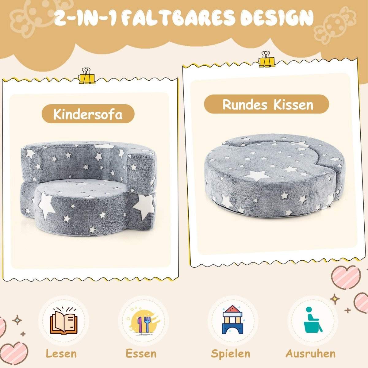 2 i 1 børnesofa rund legesofa glødende i mørket børnesofa betrukket med aftageligt gråt betræk
