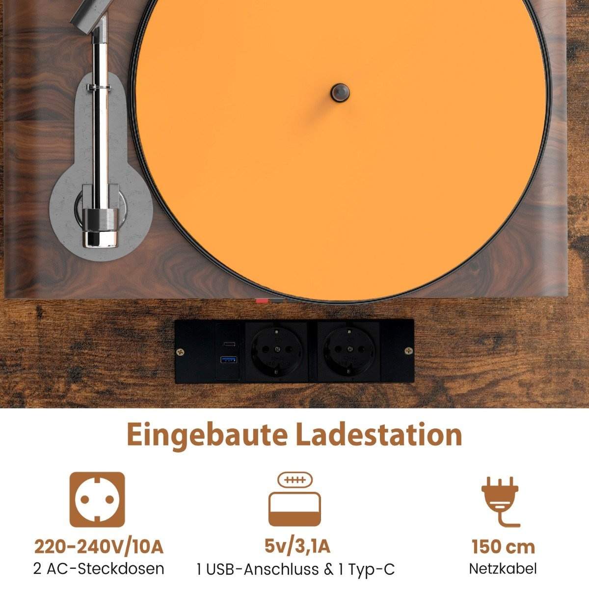 Pladespillerstativ pladeskab med stik & USB & Type C 79,5 x 40 x 79 cm Rustik brun