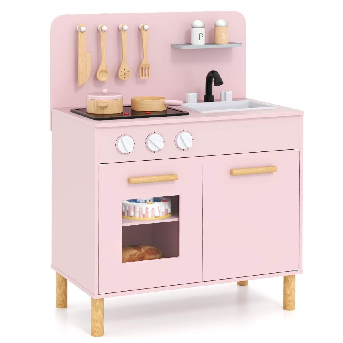 Træ børnekøkken med 10 tilbehør legekøkken med lys & lyd legetøj køkken pink