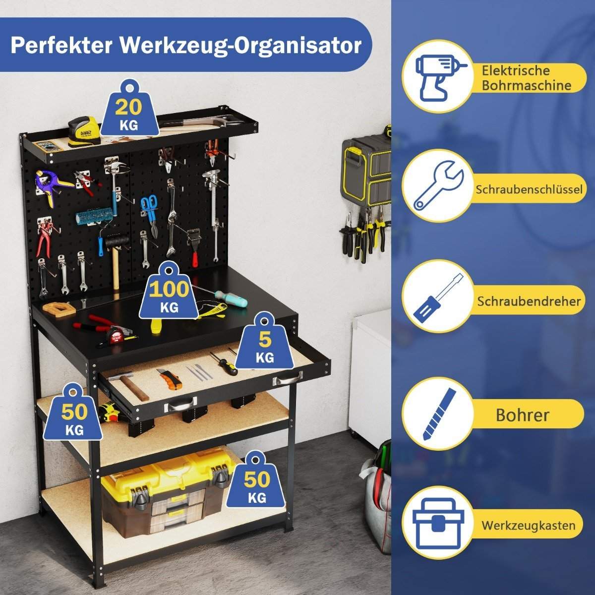 Arbetsbänk 81 x 41 cm 225 kg lastkapacitet arbetsbord med perforerad vägg & Lådor & hyllor svarta | Elektronik - Tillbehör Mobil & Surfplatta - Mobiltillbehör - Mobilkablar - Tillbehör | Pryloteket