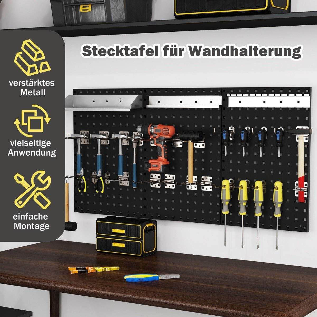 Tool wall tool perforeret væg med 3 pegboards & 28 stykker hængende tilbehør Sort