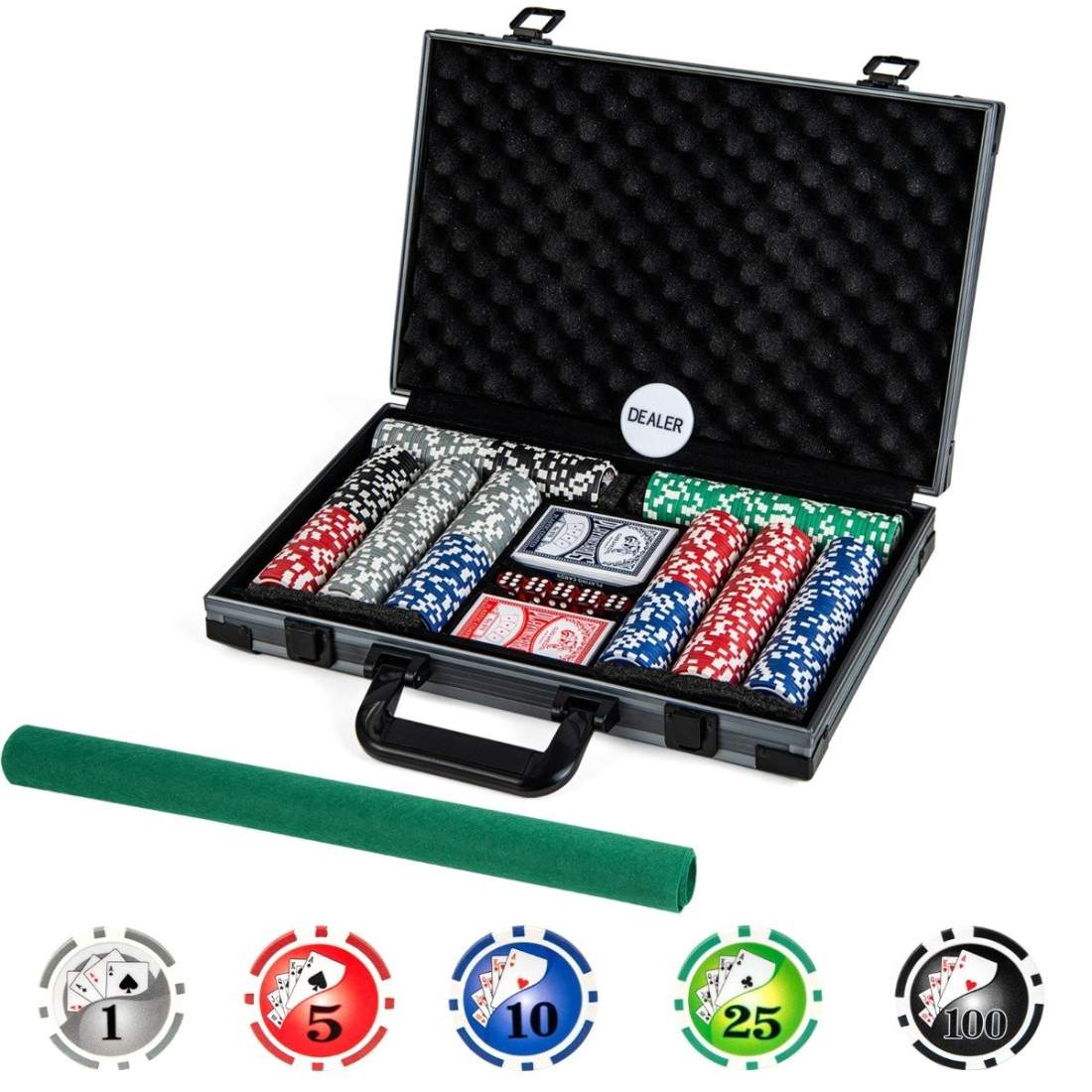 Pokerset med 400 lasermarker & 2 spelkort & 5 tärningar & dealerknappar i aluminium pokerfodral | Leksaker & Spel - Sällskapsspel - Kortspel - Kortlekar | Pryloteket