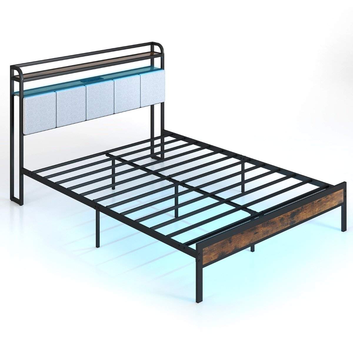 King Size Sengeramme med LED-lys & Ladestation & Polstret Hovedgærde Metalramme Sengeramme