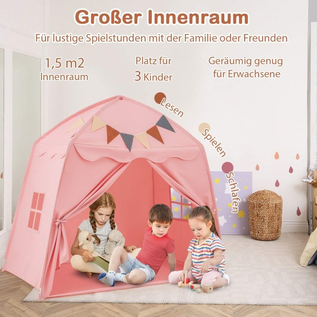 Lekstuga för barn inomhus barntält med flaggor och fairy lights Princess Lektält Rosa | Hem & Hobby - Hem & Hushåll - Tvätt | Pryloteket