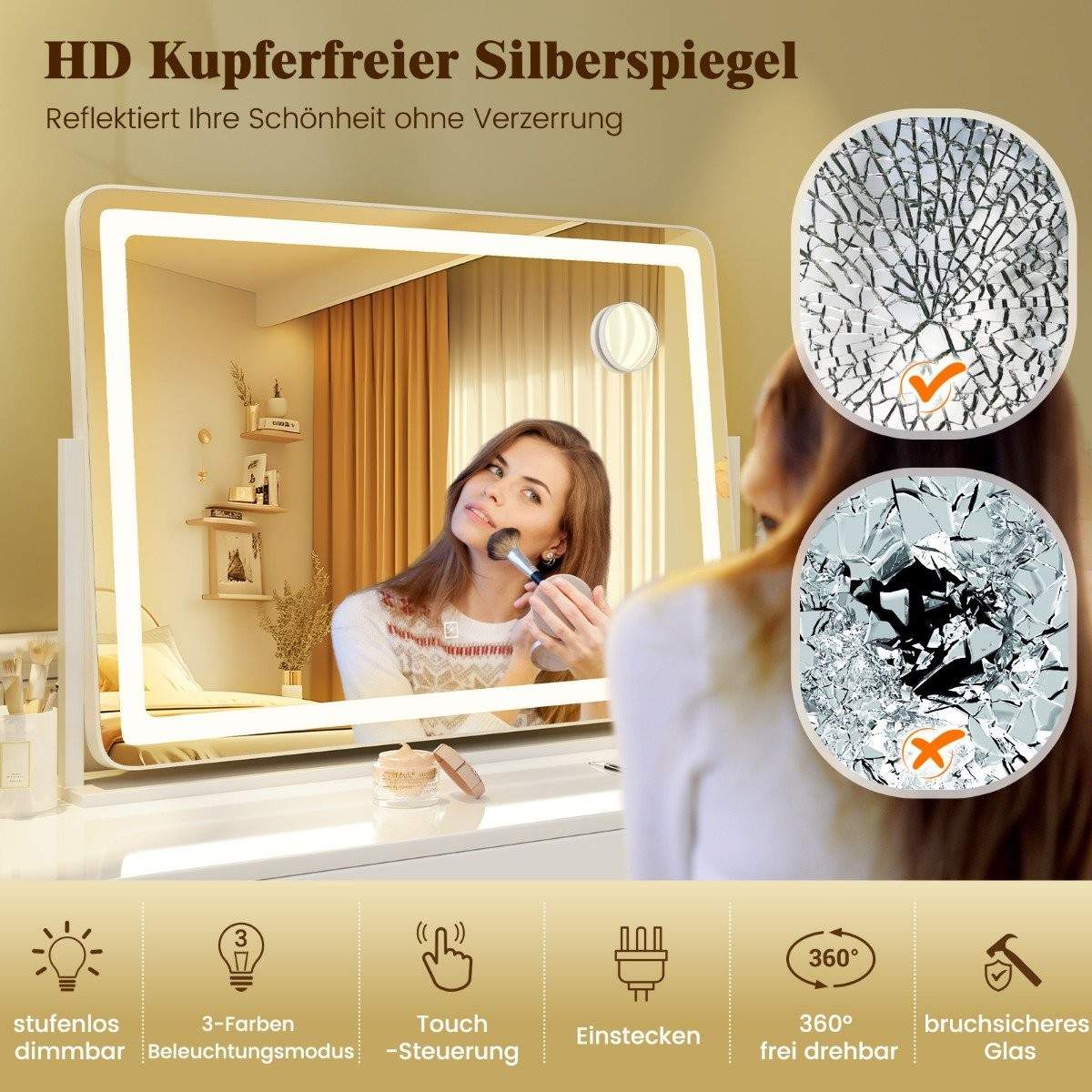 Makeup spejl med belysning, stort kosmetikspejl med 10X forstørrelse, hvid