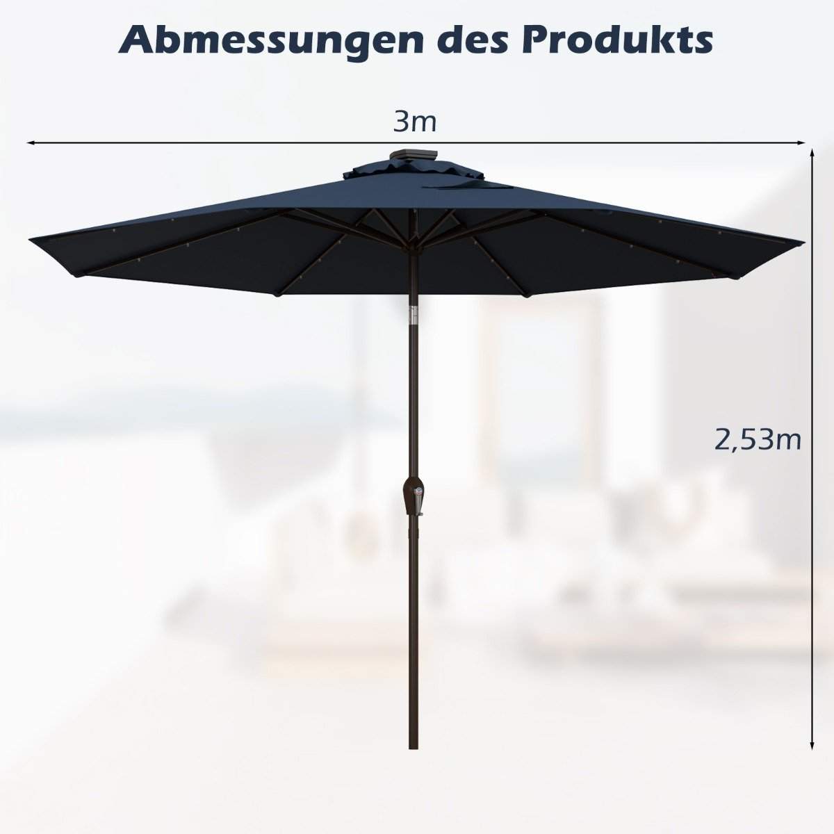 LED-belysning cantilever paraply rund parasol solcelledrevet haveparaply håndsving mørkeblå