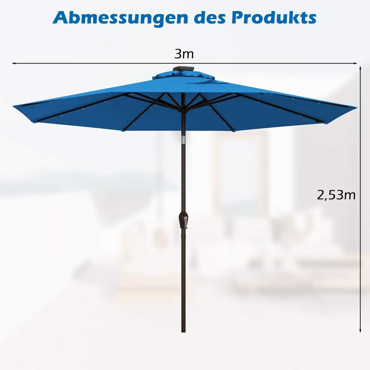 LED-belysning cantilever paraply rund parasol solcelledrevet haveparaply krank blå