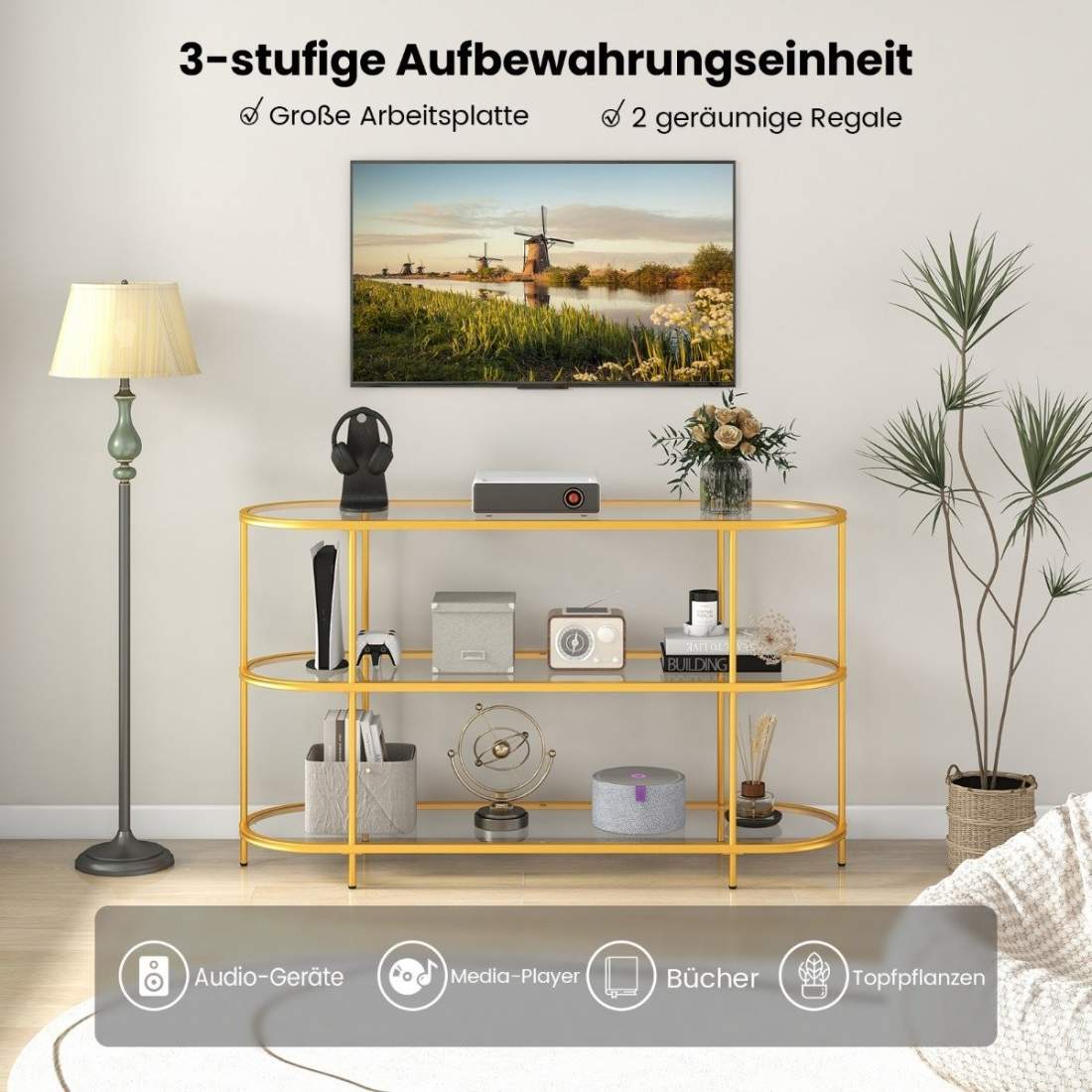 3-vånings TV-skåp TV-ställ för TV-apparater upp till 65 tum guld 140 x 41 x 82 cm