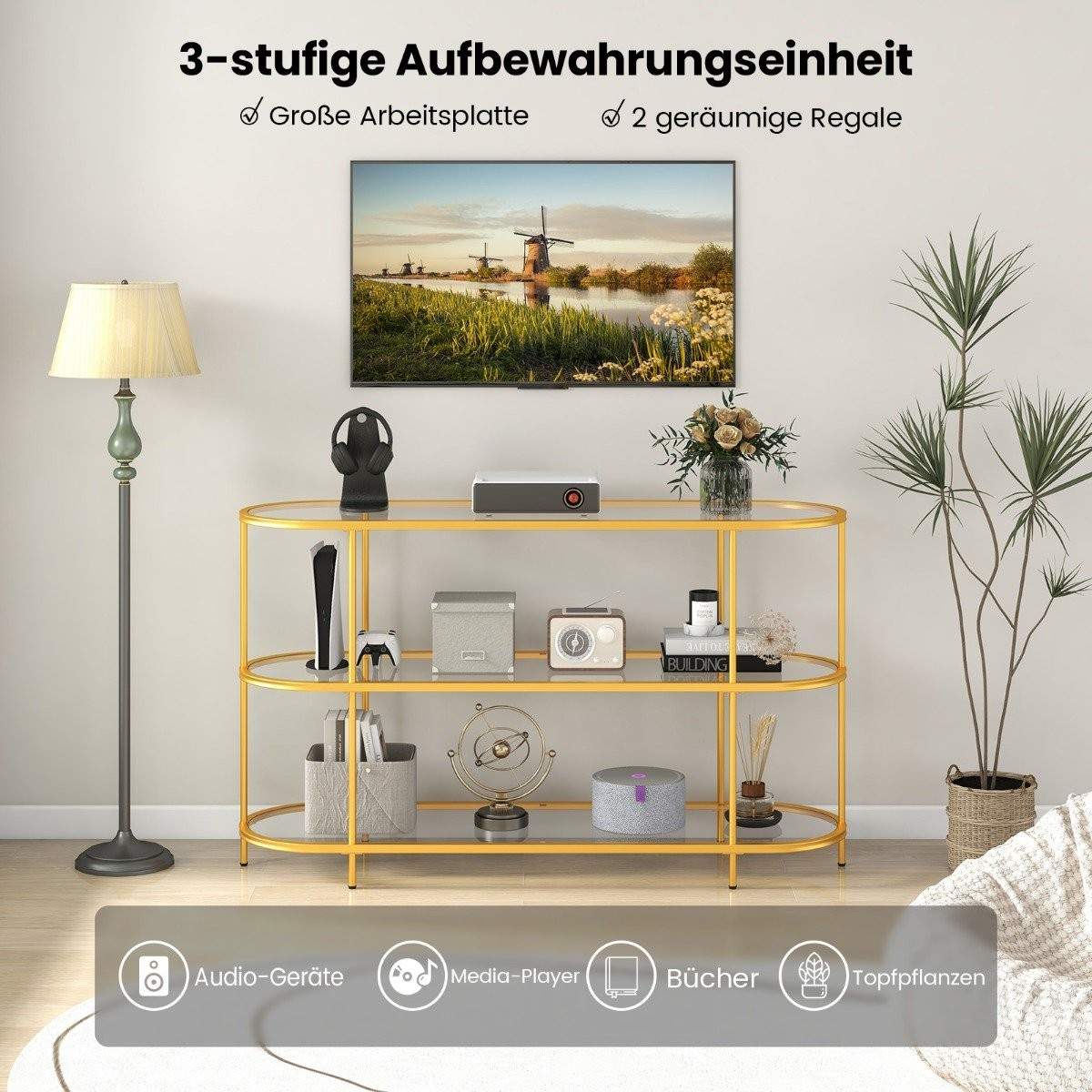 3-lags tv-skab tv-stander til tv op til 65 tommer guld 140 x 41 x 82 cm