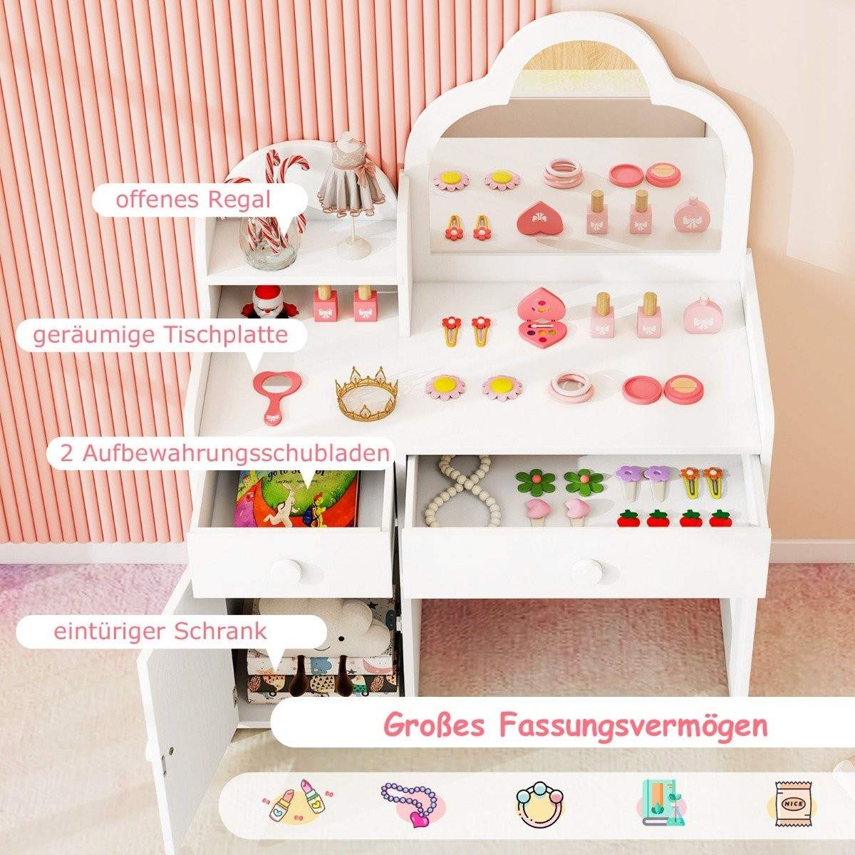 Børne toiletbord skyformet 2 i 1 toiletbord med skammel kosmetik bord hvid