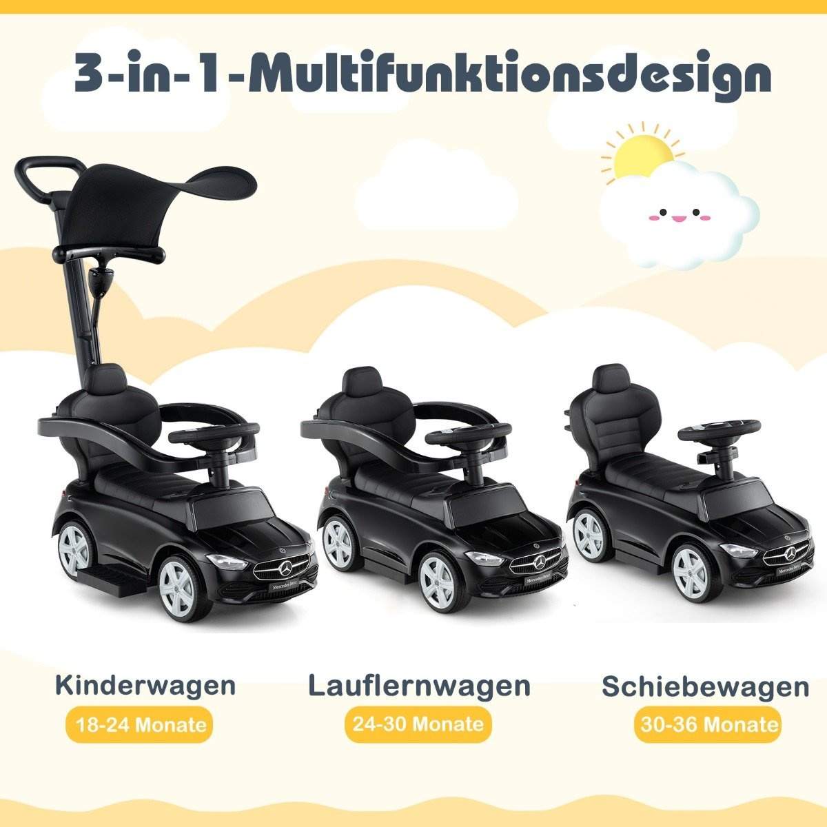 Mercedes-Benz åkbil 3-i-1 åkbil med körhandtag åkbil för barn från 1 år och uppåt svart | Hälsa & Skönhet - Personvård - Vård & Rehabilitering - Hållning | Pryloteket