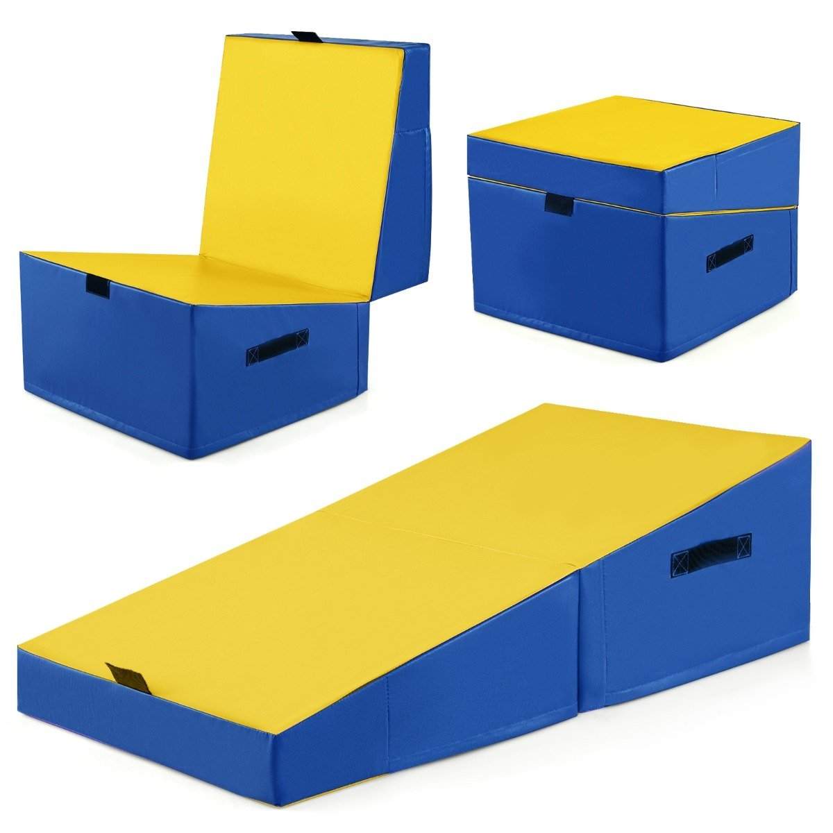 2 i 1 gymnastikmåtte med bærehåndtag, skrå gymnastikmåtte, kileformet blød gulvmåtte, gul