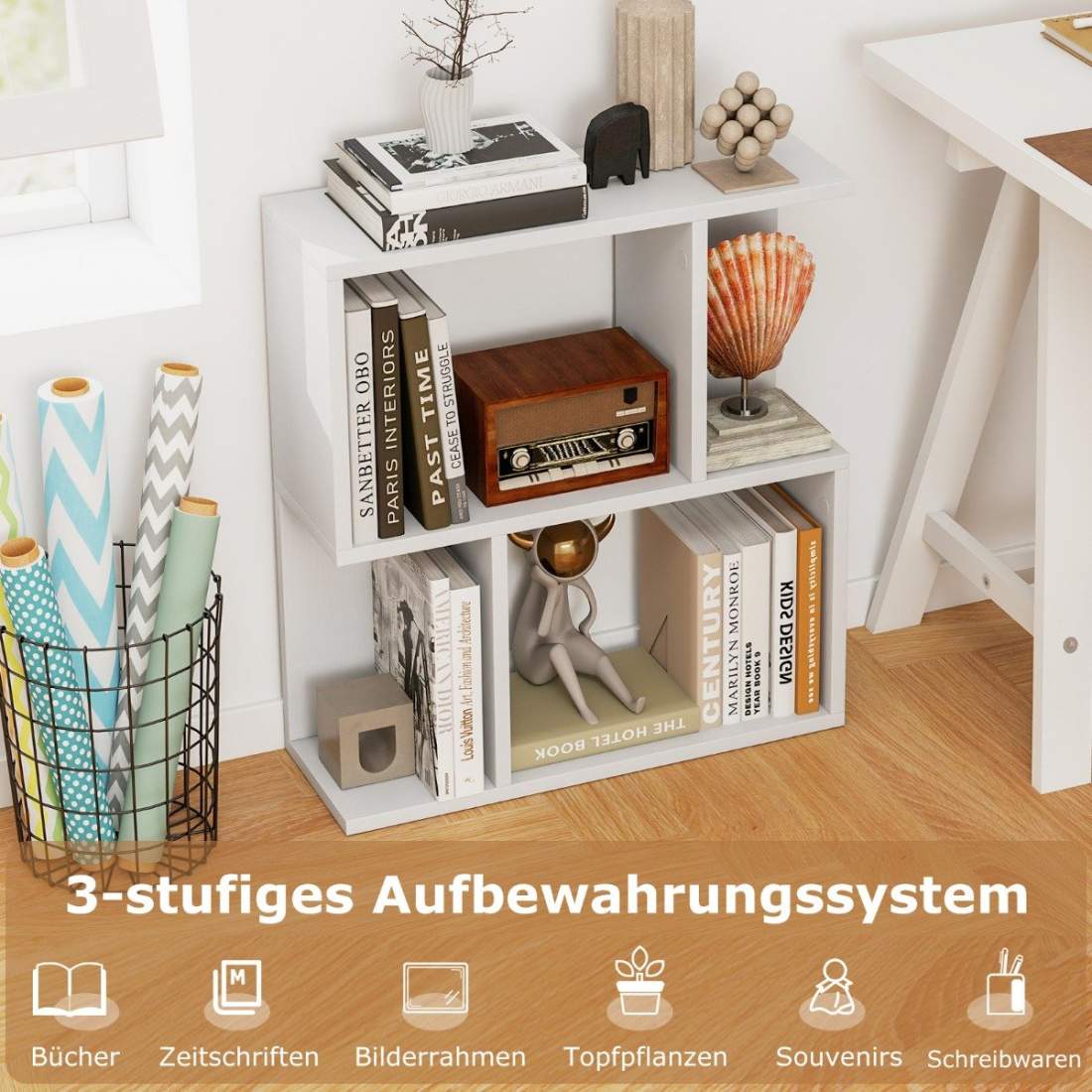 Bokhylla med 4 fack, sidobord, soffa, sängbord, rumsavdelare, trä, 50 x 17,5 x 55,5 cm, vit | Hem & Hobby - Hem & Hushåll - Sovrum | Pryloteket