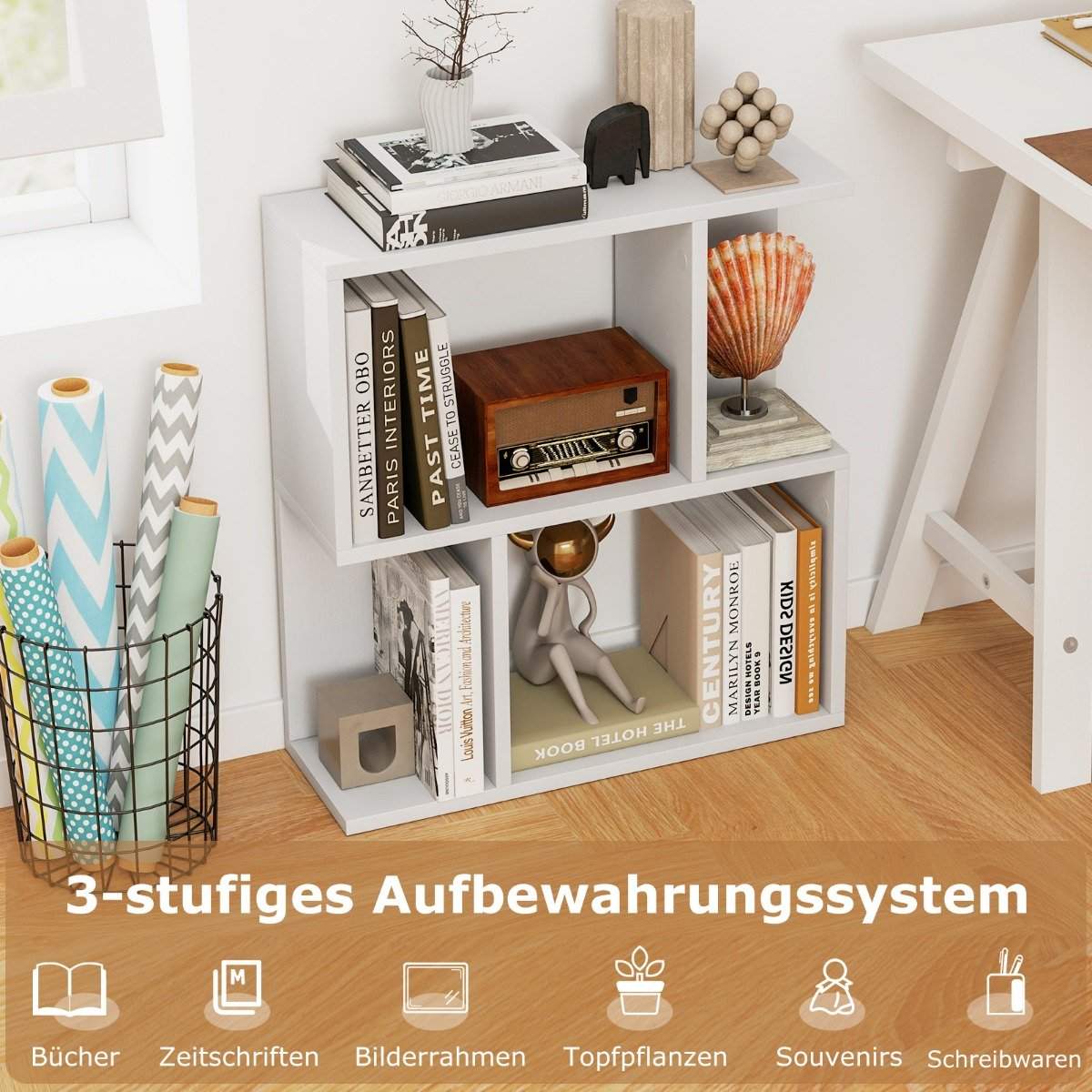 Reol med 4 rum, sidebord, sofa, natbord, rumdeler, træ, 50 x 17,5 x 55,5 cm, hvid