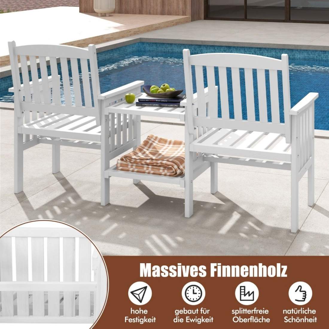 Trädgårdsbänk med bord 2-sits bänk med 5 cm paraplyhål träbänk av granträ upp till 330 kg 165 x 60 x 88 cm vit | Hem & Hobby - Hem & Hushåll - Förvaring & Organisering - Paraplyställ | Pryloteket