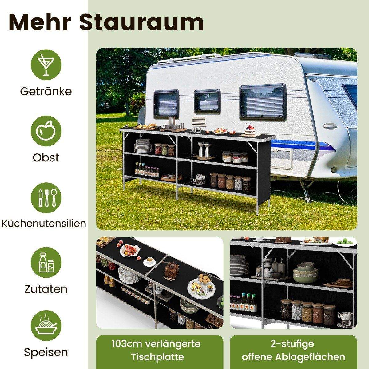 Campingskab foldbart transportabelt campingkøkken med 2 etagers hylder 206 x 38 x 83 cm sort