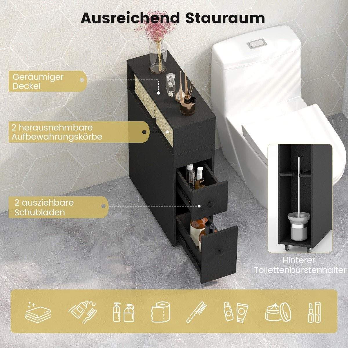 Flytbart badeværelsesskab med 2 udtræksskuffer & Børsteholder til små rum sort