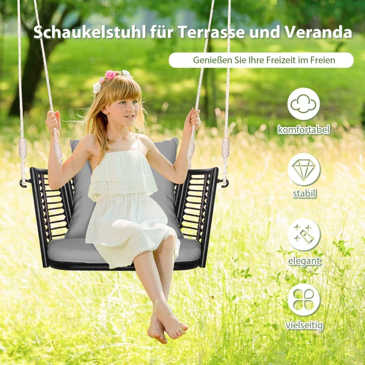 Hængestol i rattan med en bæreevne på op til 180 kg, hængende sæde med hynder & Grå metalramme