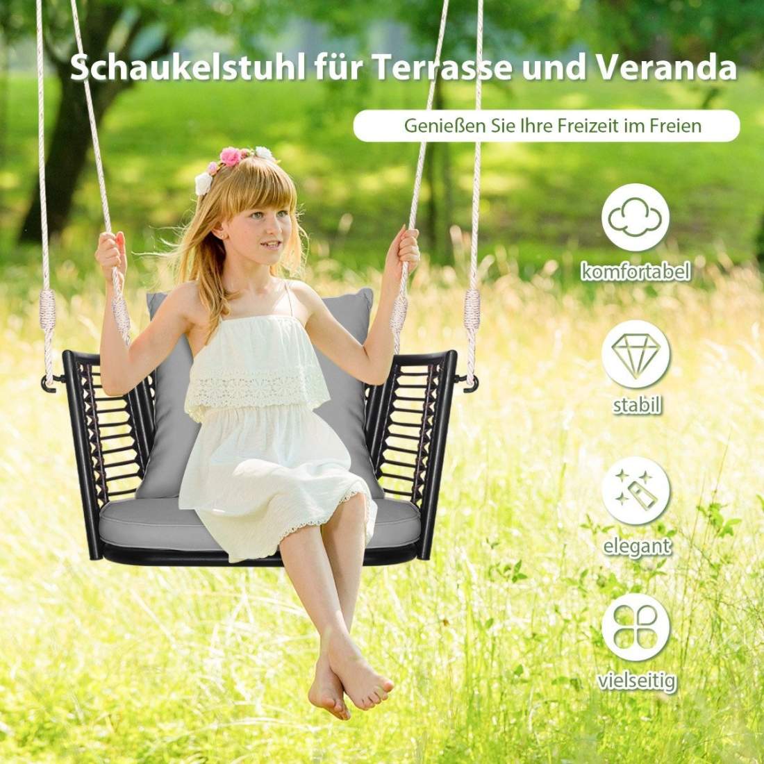 Hängstol i rotting med en lastkapacitet på upp till 180 kg, hängsits med dynor & Grå metallram