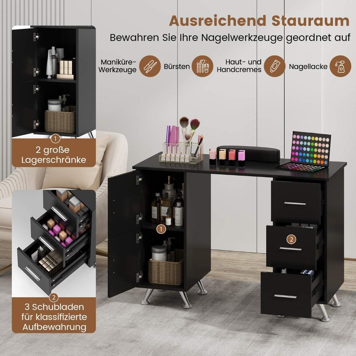 Manicurebord med skuffeskabe & Håndledsstøtte manicure bord sort