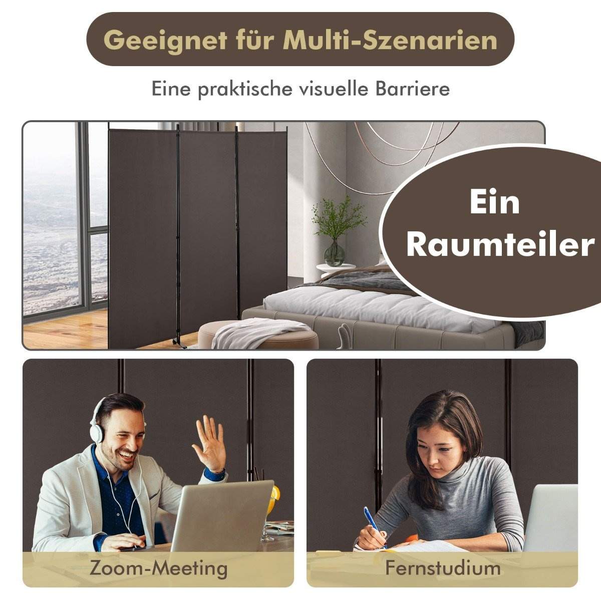 180 cm høj rumdeler på hjul, foldeskærm med 3 frit kombinerbare paneler, brun