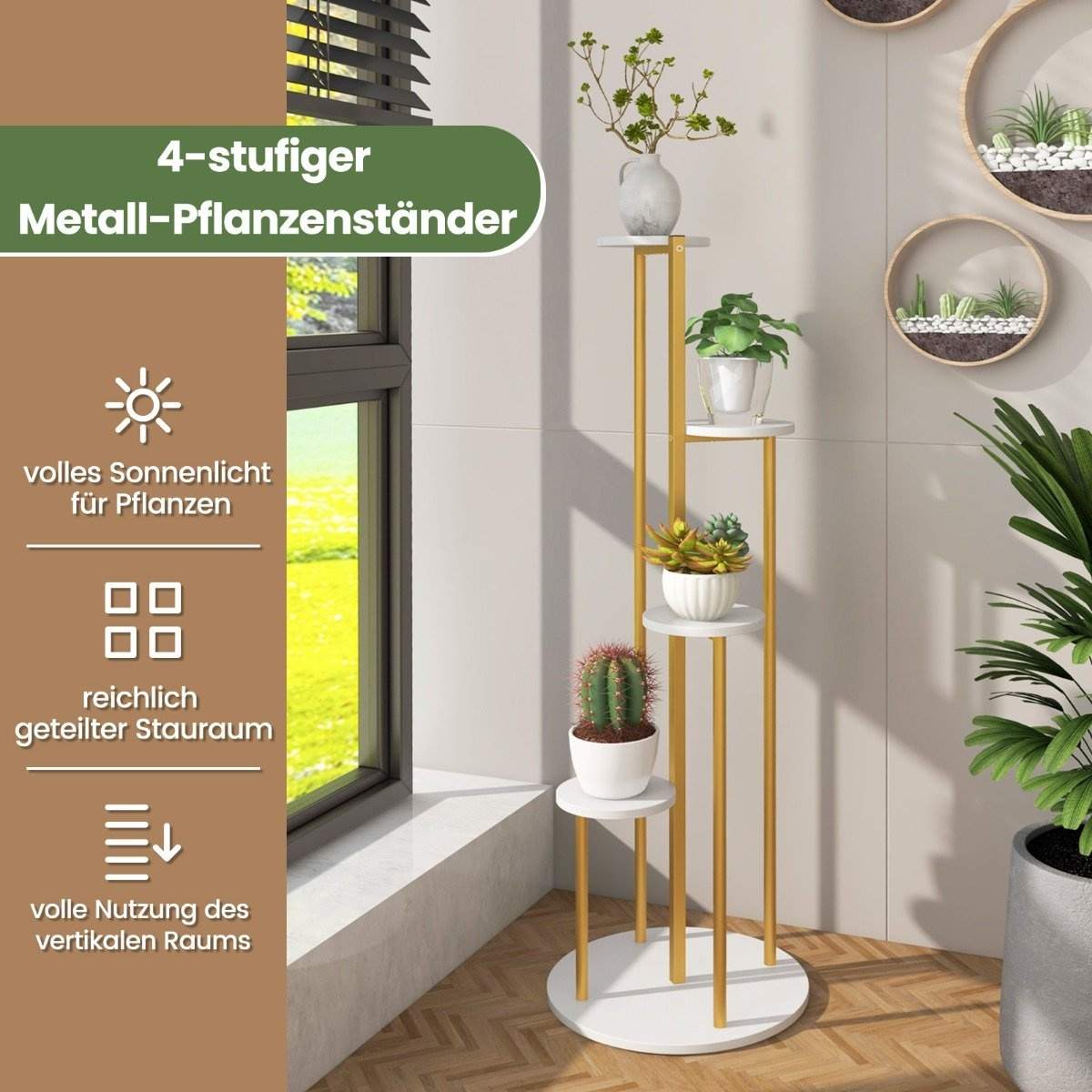 122,5 cm 4 etagers metal plantestander med guld metalramme Hvid