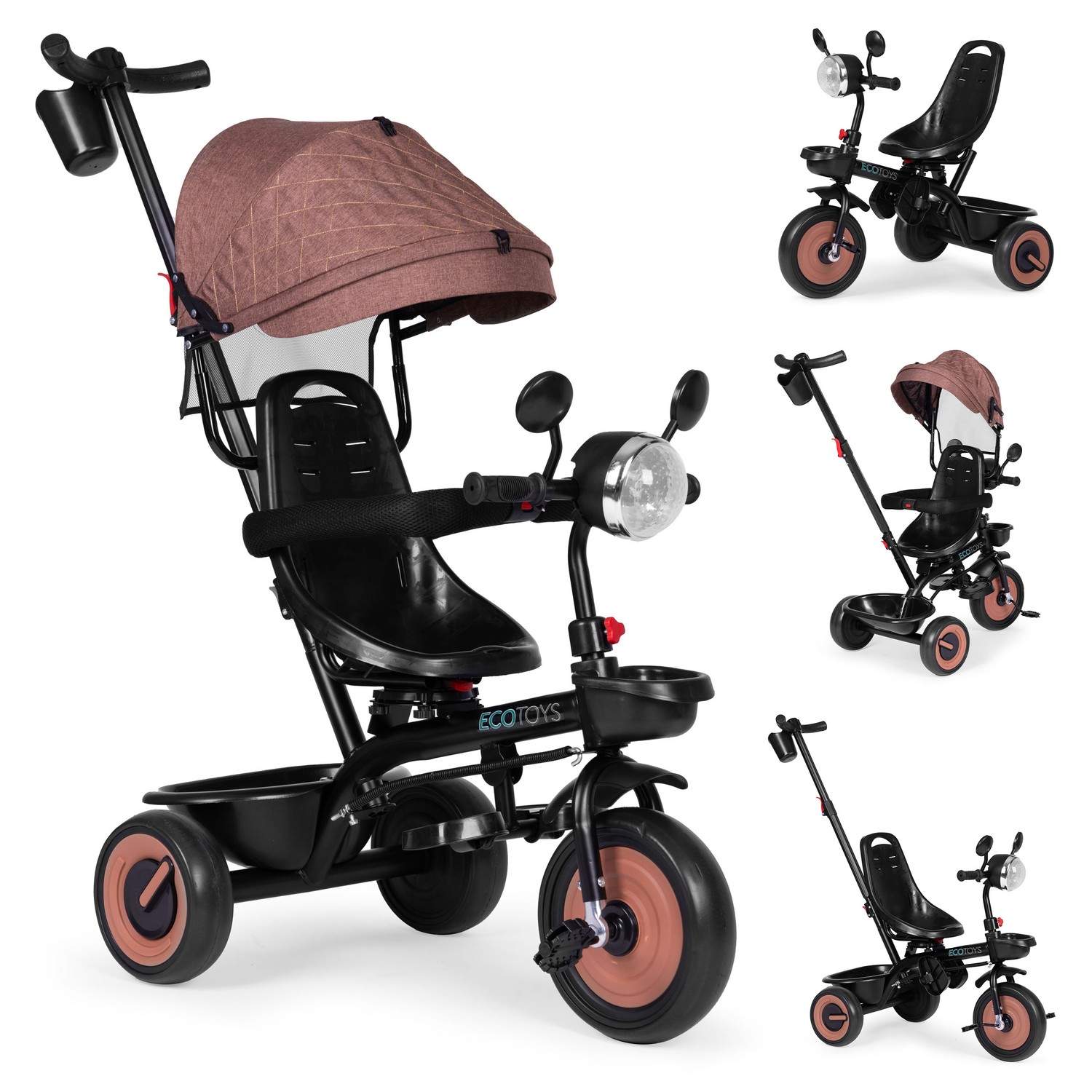 3-i-1 trehjulet klapvogn til børn med drejeligt sæde, baldakin, brun, ECOTOYS