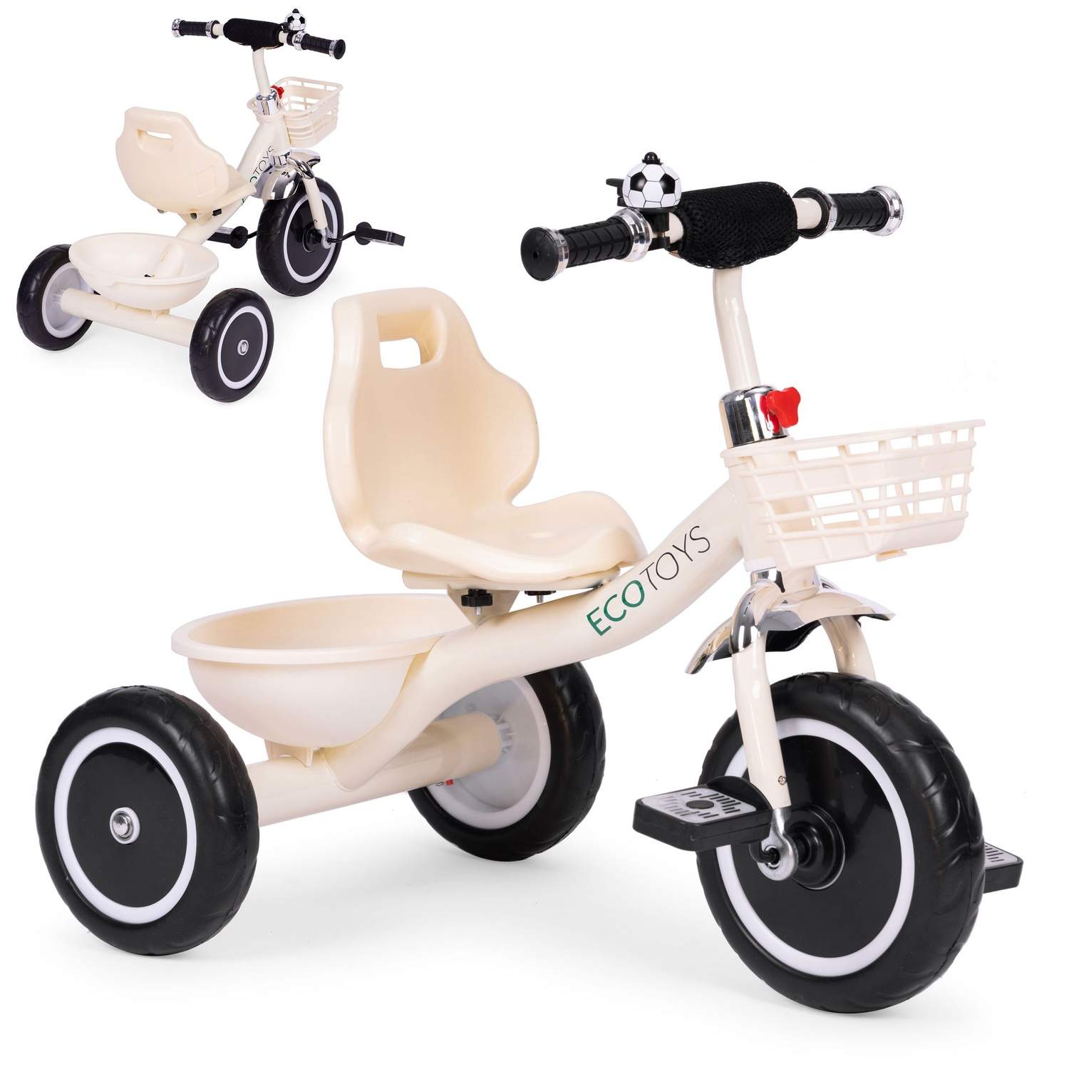 Trehjulet cykel med skridsikre greb, klokke, kurv, beige, ECOTOYS