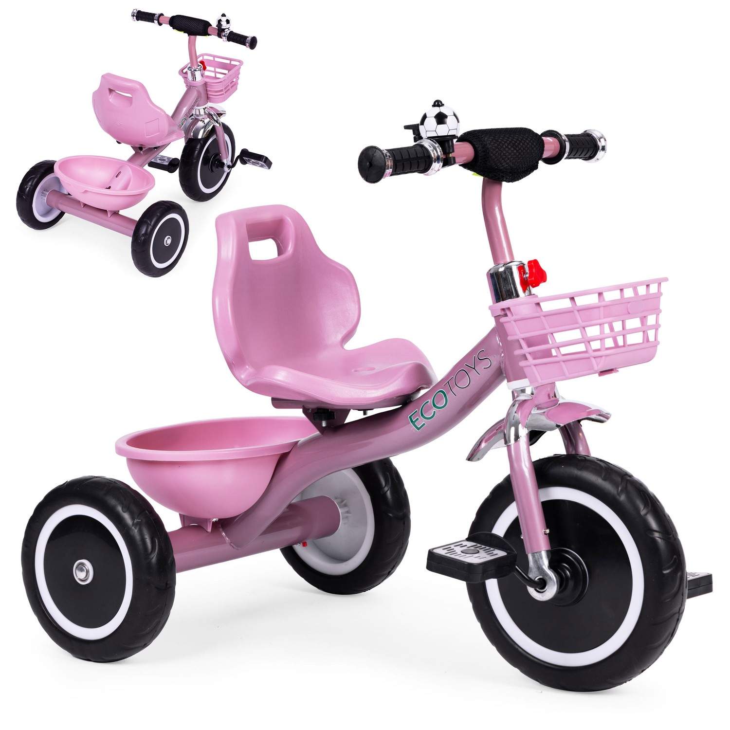 Trehjulet cykel med skridsikre greb, klokke, kurv, pink, ECOTOYS