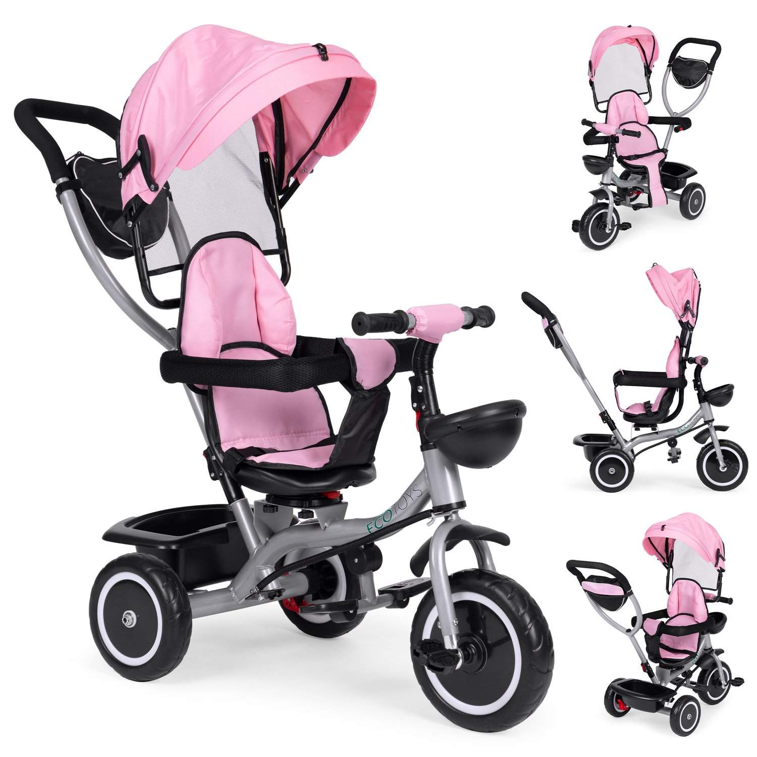 2-i-1 trehjulet klapvogn, drejeligt sæde, foldbar baldakin, pink, ECOTOYS