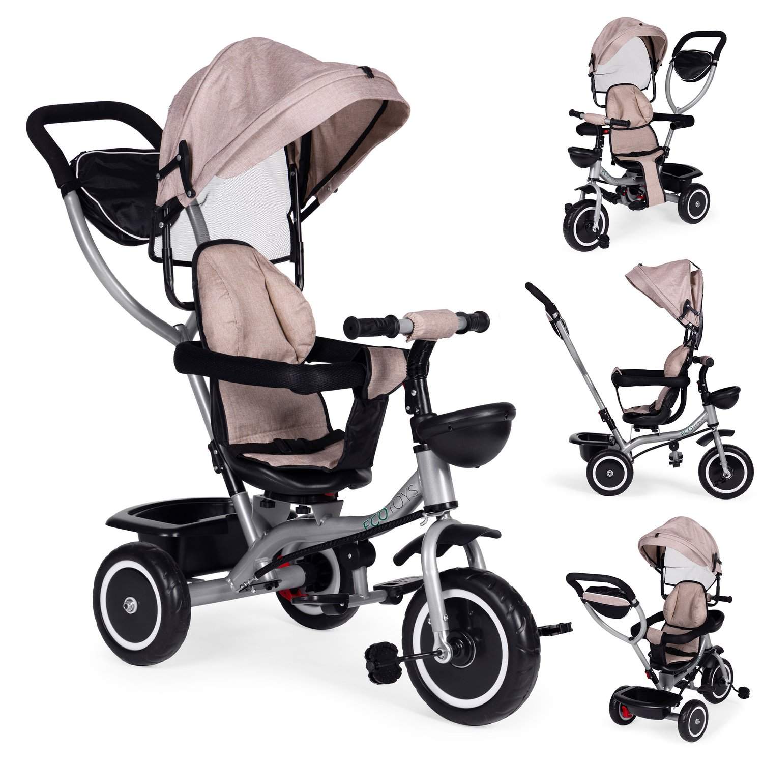 2-i-1 trehjulet klapvogn, drejeligt sæde, foldbar baldakin, beige, ECOTOYS