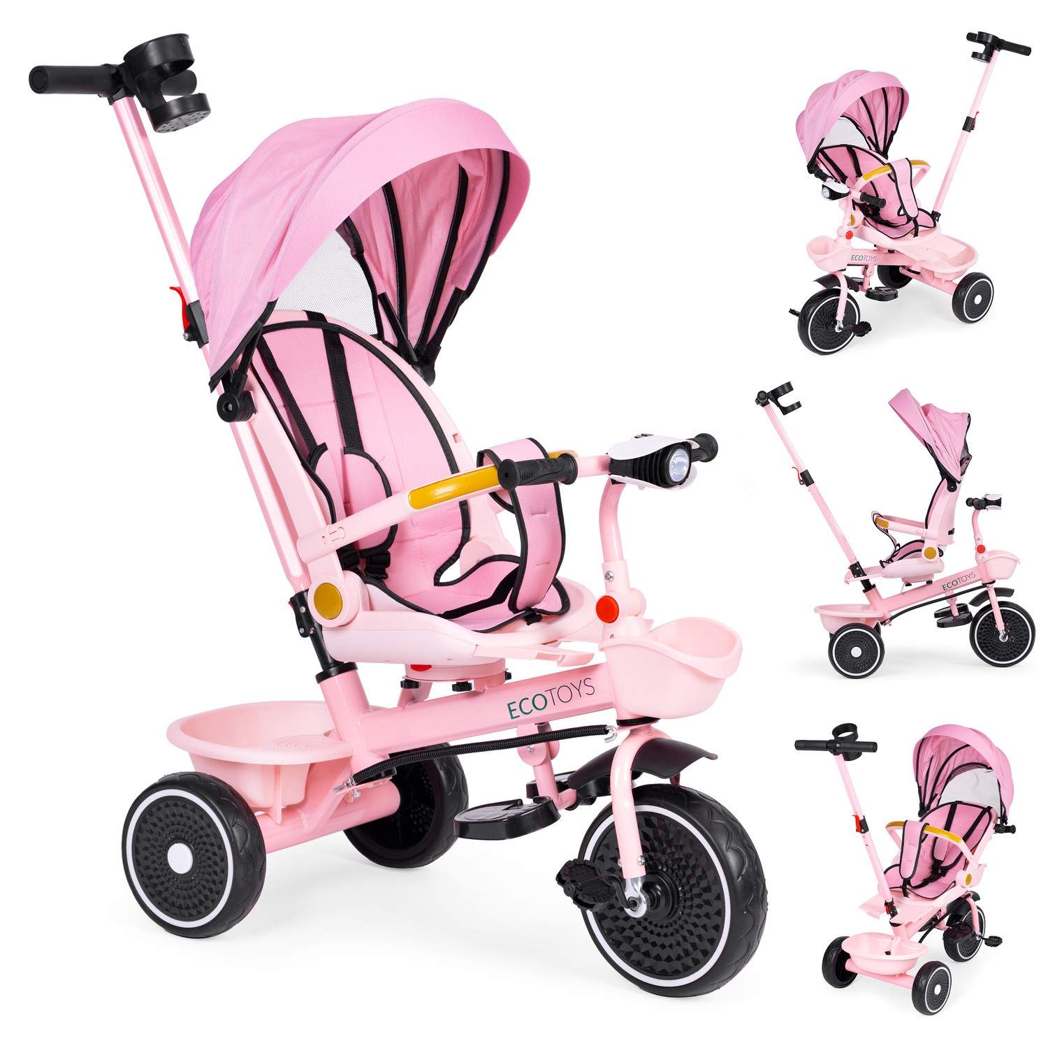 2-i-1 trehjulet klapvogn, drejeligt sæde, foldbar baldakin, pink, ECOTOYS