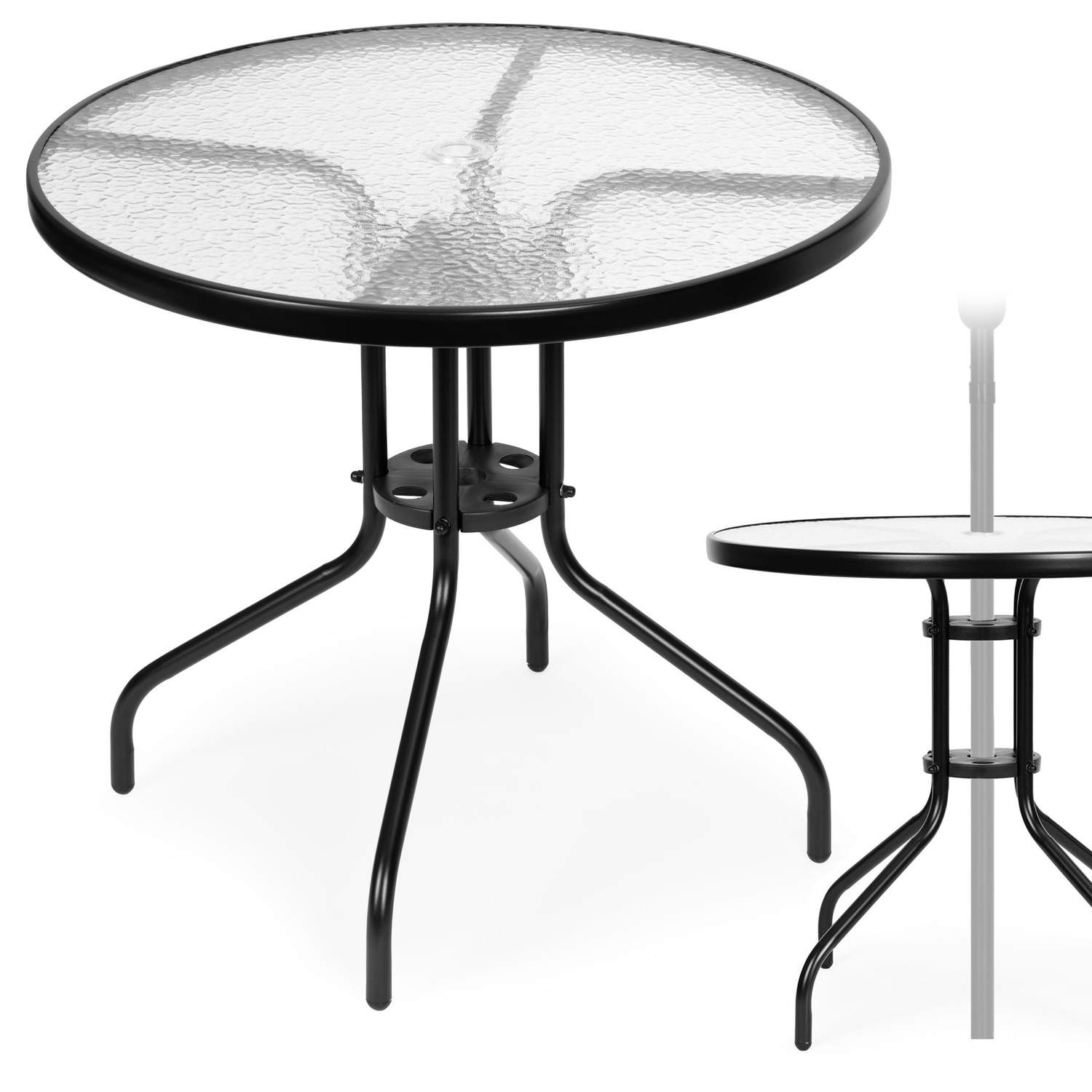 Pyöreä puutarhapöytä 80 cm, terassille, puutarhaan, parvekkeelle, karkaistu lasi, sateenvarjoreikä, MultiGarden