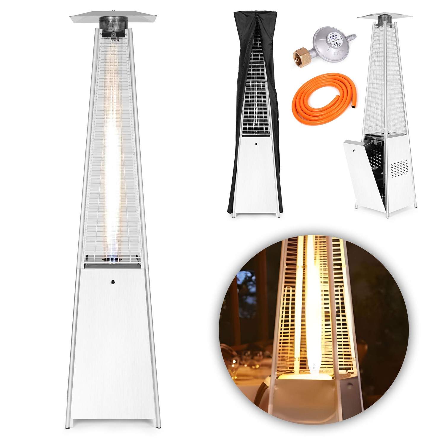 Gas terrassevarmer, 13 kW, rustfrit stål, til have og terrasse, regulator, slange, dæksel, MultiGarden