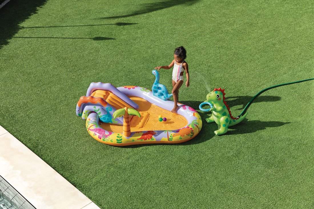 Oppustelig pool til børn vandlegeplads 201x157x69 cm dias springvand dinosaur INTEX 56139