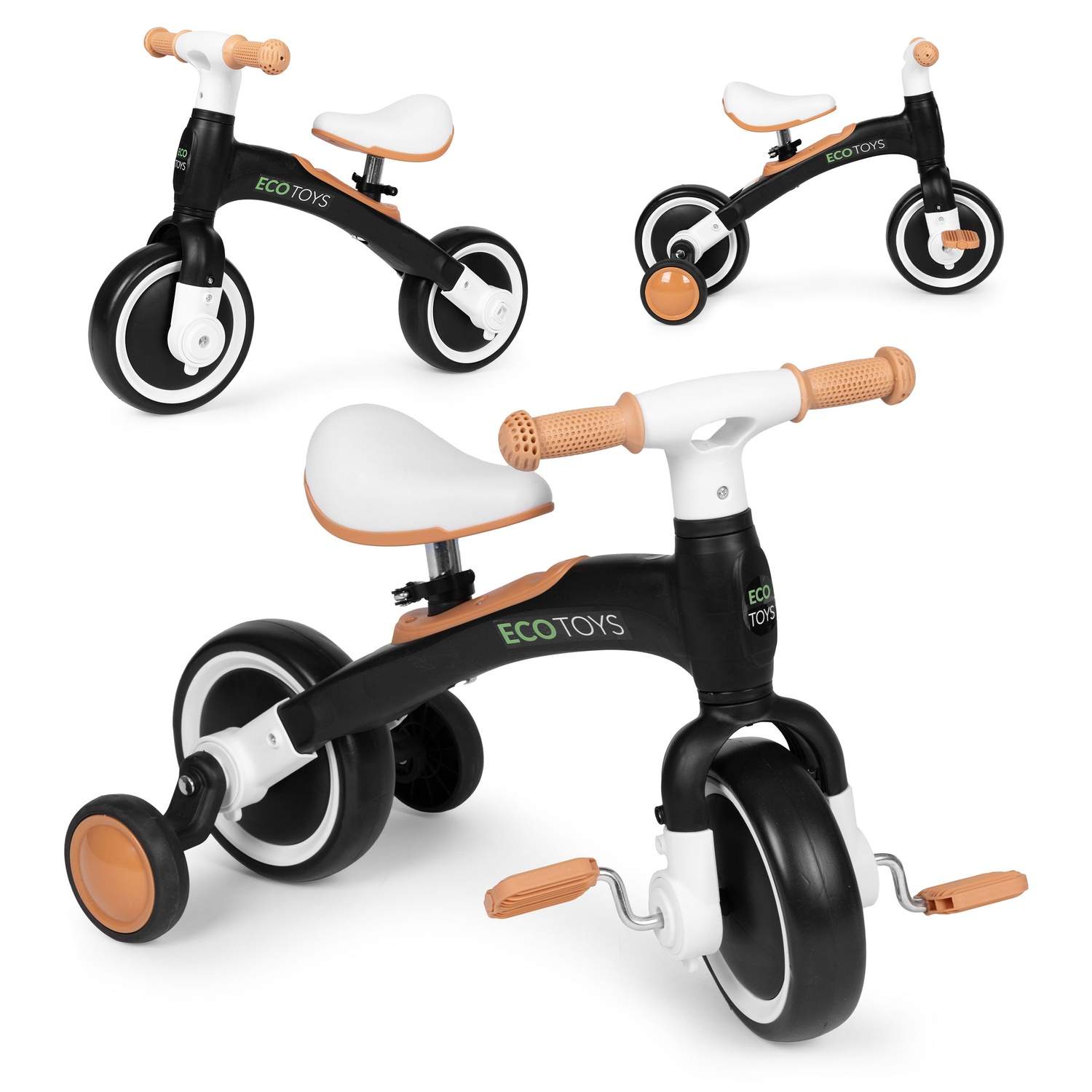 Balancecykel med pedaler - træning, 3-i-1, sidehjul, sort, ECOTOYS