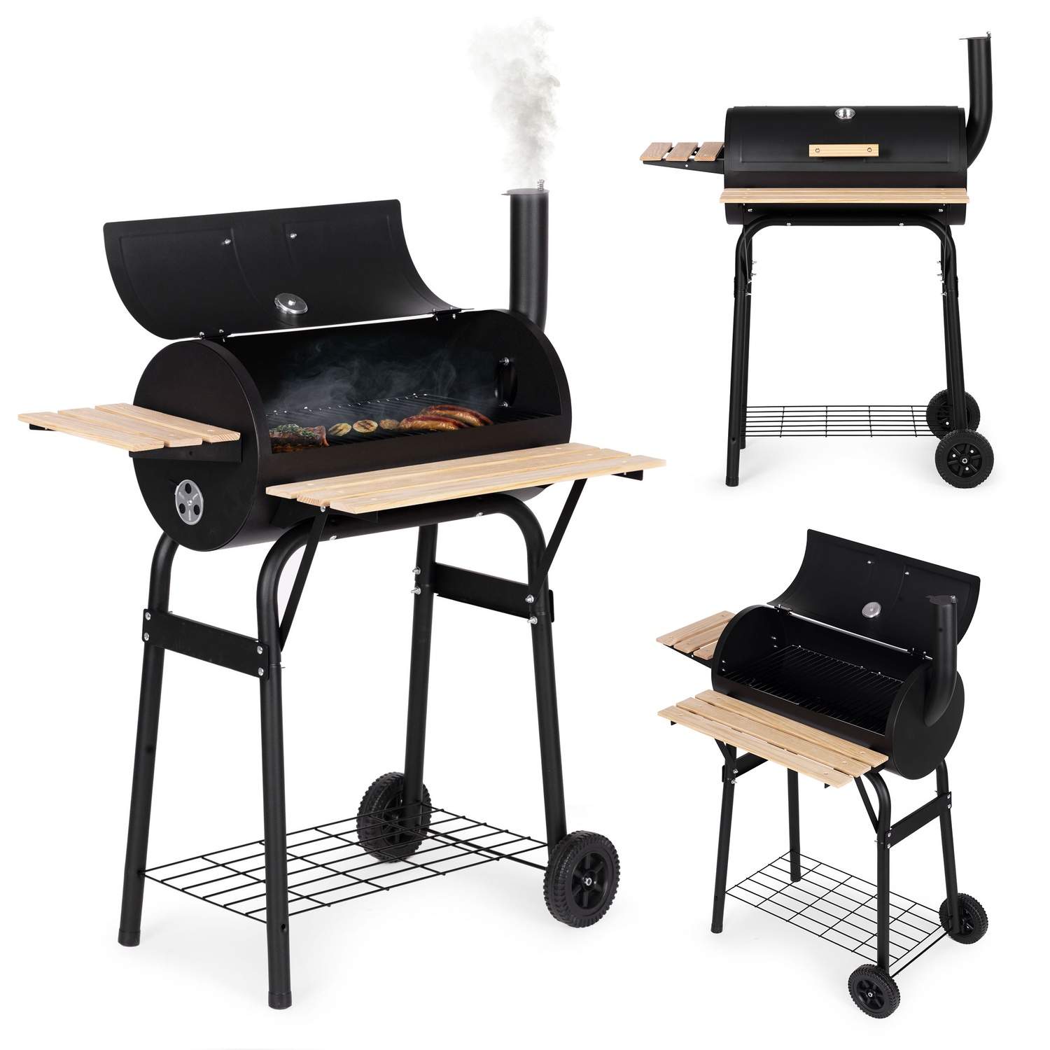 Stor havegrill med termometer, skorsten, 3 hylder, hjul, MultiGarden