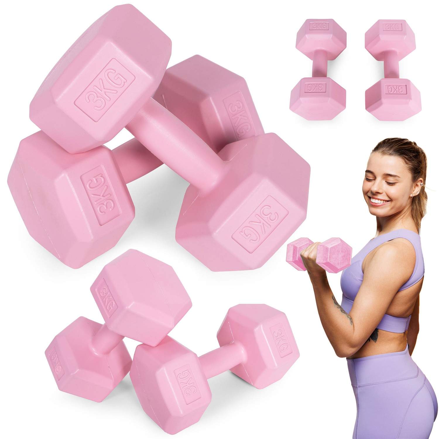 Hex hantlar set 2x3 kg, träningsvikter, fitnessbelastning, rosa, ModernHome | Sport & Fritid - Träning - Träningsredskap - Styrketräning | Pryloteket