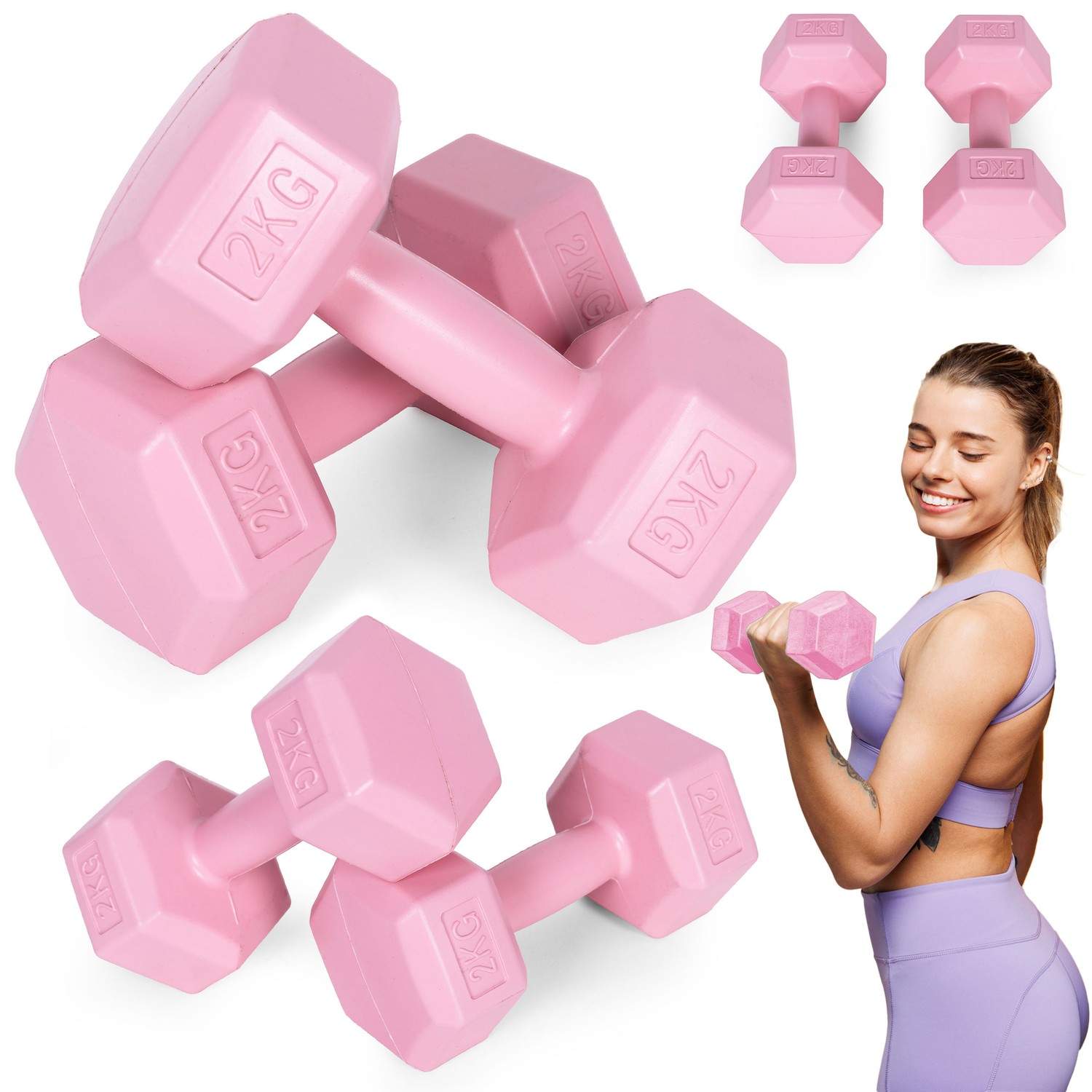 Hex håndvægte sæt 2x2 kg, træningsvægte, fitness belastning, pink, ModernHome