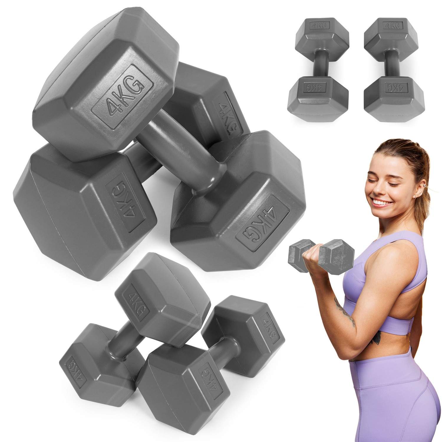 Hex håndvægte sæt 2x4 kg, træningsvægte, fitness belastning, grå, ModernHome