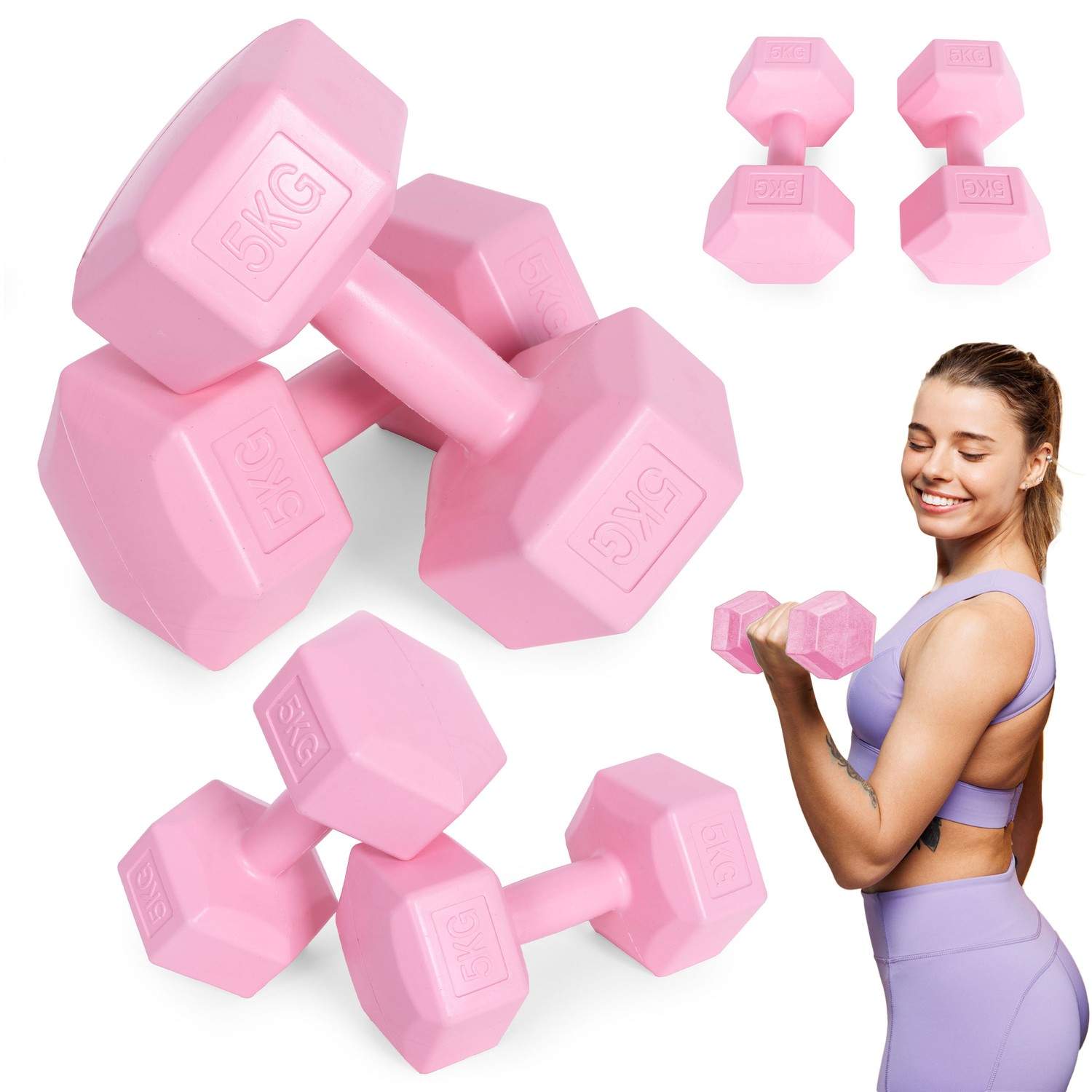 Hex håndvægte sæt 2x5 kg, træningsvægte, fitness belastning, pink, ModernHome
