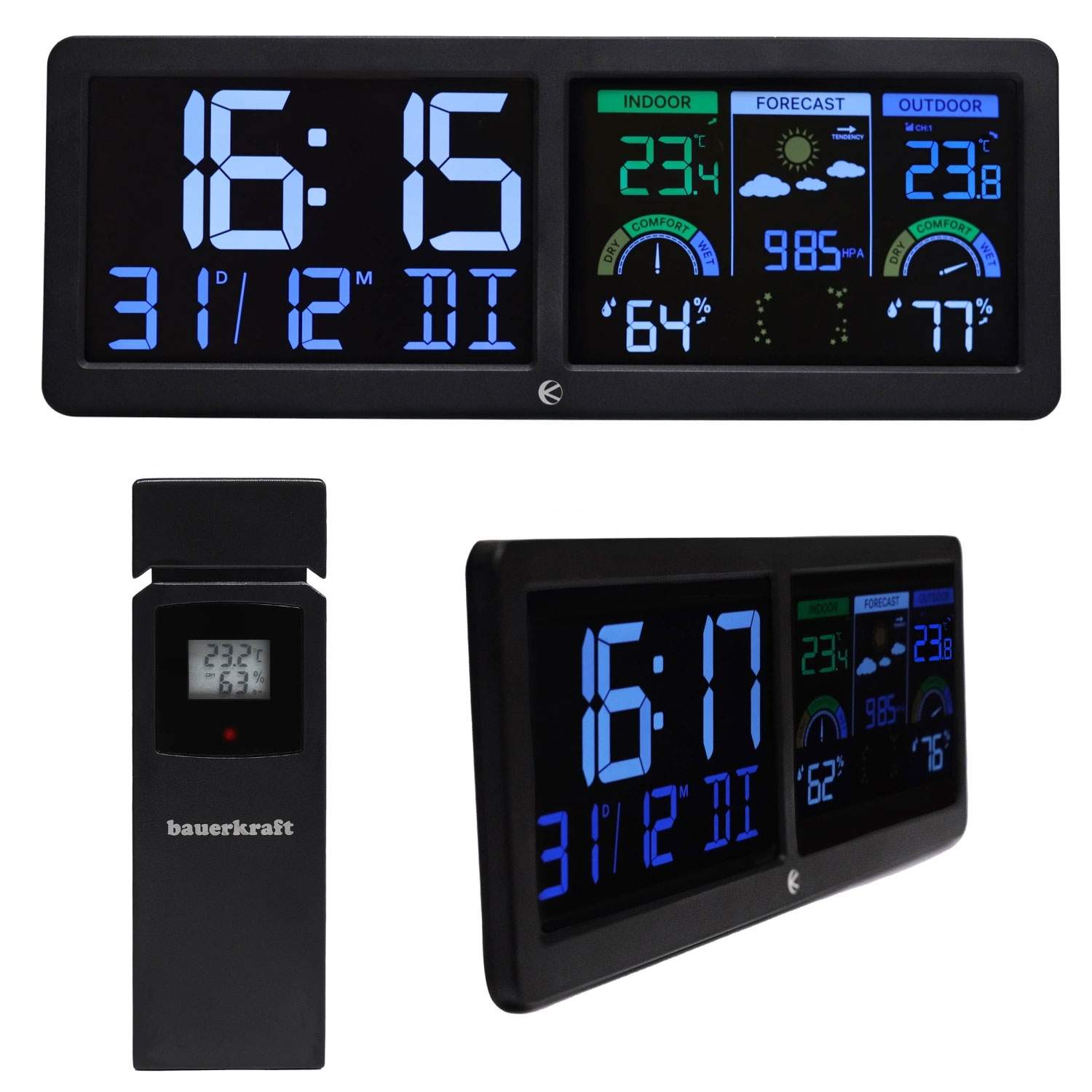 Baggrundsbelyst trådløs vejrstation med udendørs sensor, termometer, barometer, ur