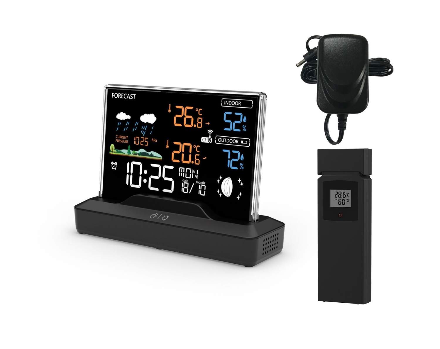 Baggrundsbelyst vejrstation med LCD display, trådløs, med udendørs sensor, termometer, barometer, ur